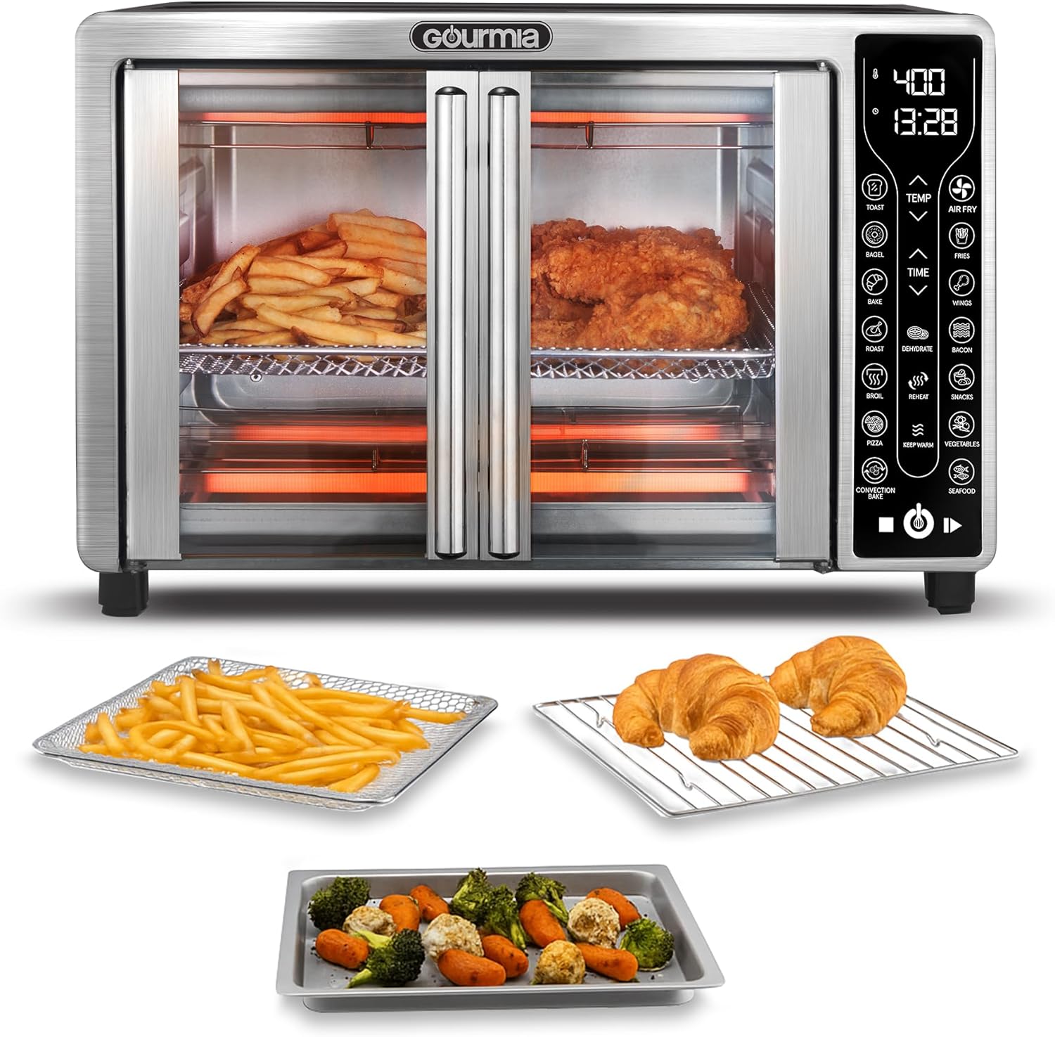 Gourmia French Door Air Fryer 25 Qt Large Capacity Convection Oven with Digital Display and 17 Cooking Presets
